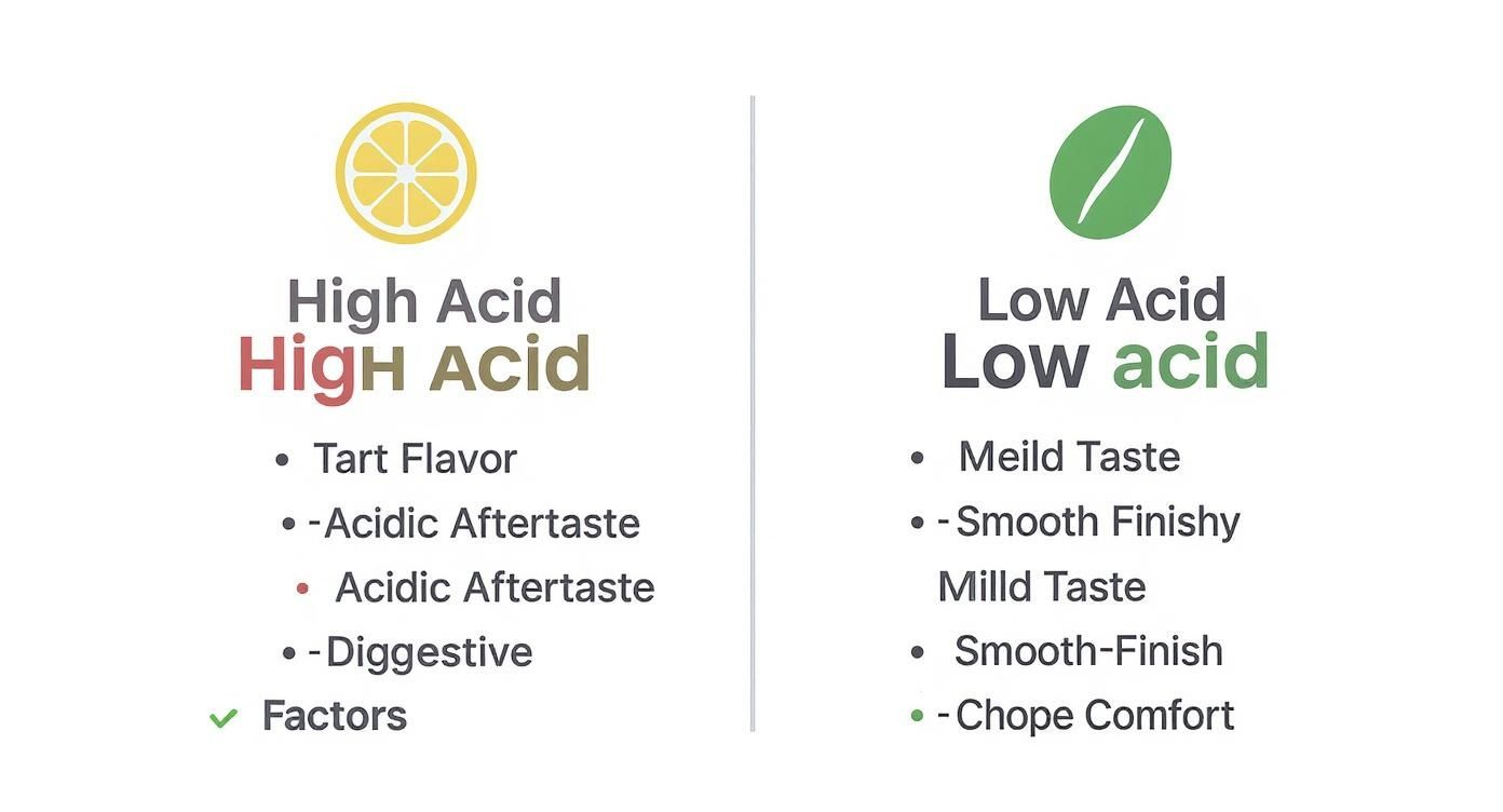 Image comparing high and low acid characteristics, listing features like tart flavor and a smooth finish.