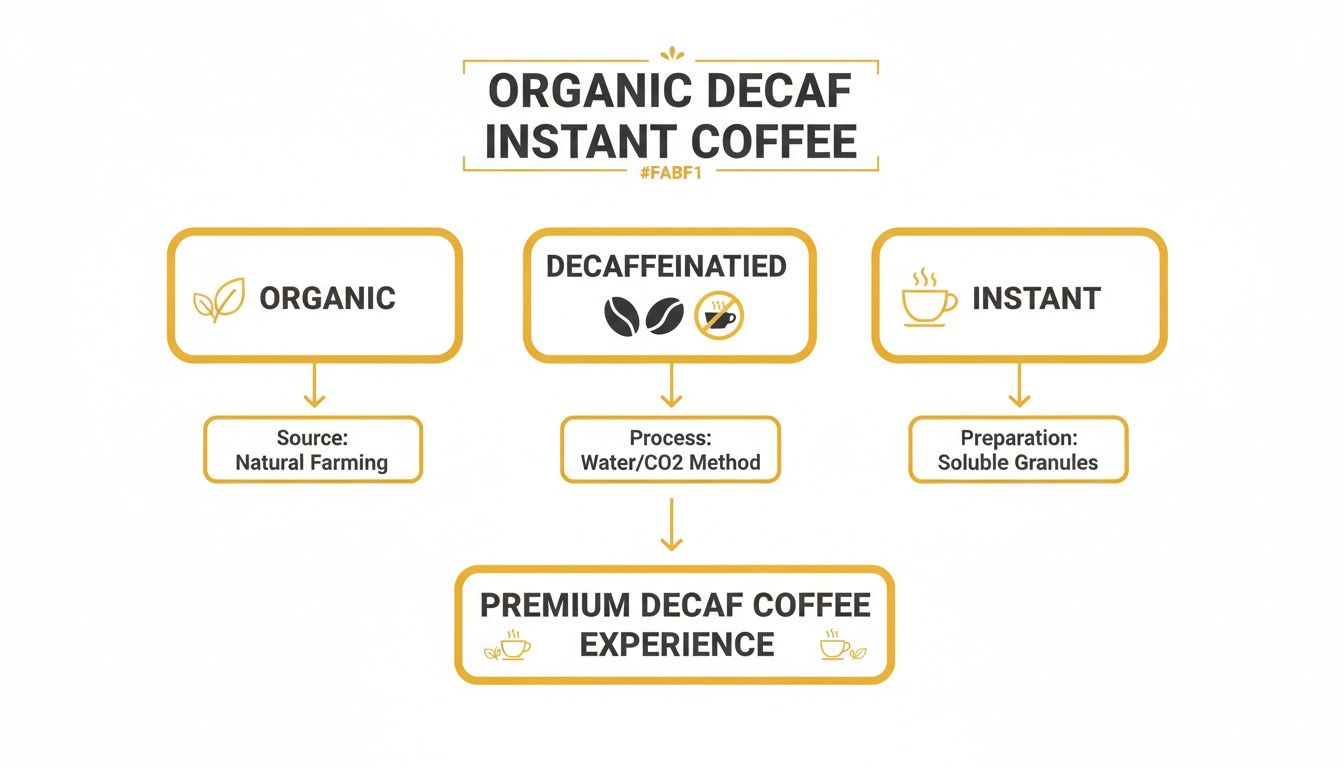 Flowchart explaining organic decaf instant coffee attributes: natural farming, water/CO2 decaffeination, soluble granules.