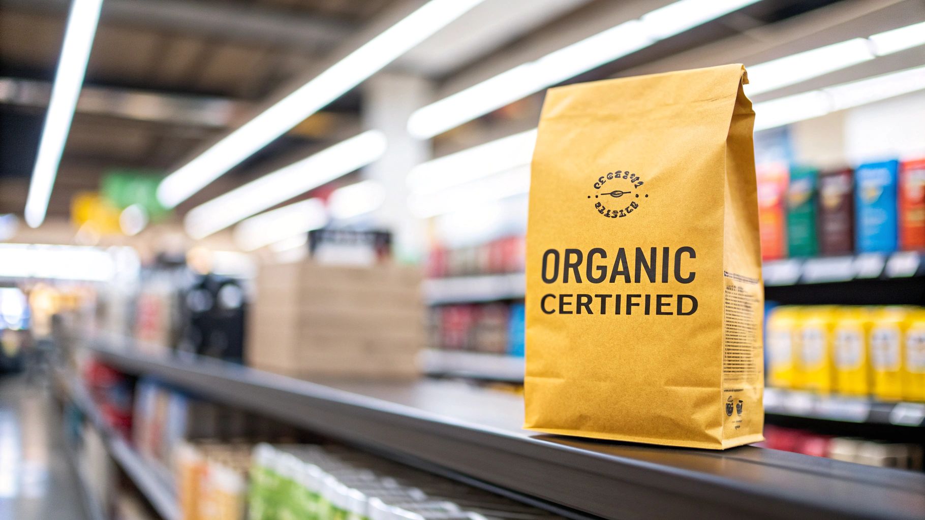 A brown paper bag labeled 'ORGANIC CERTIFIED' stands on a shelf in a grocery store.