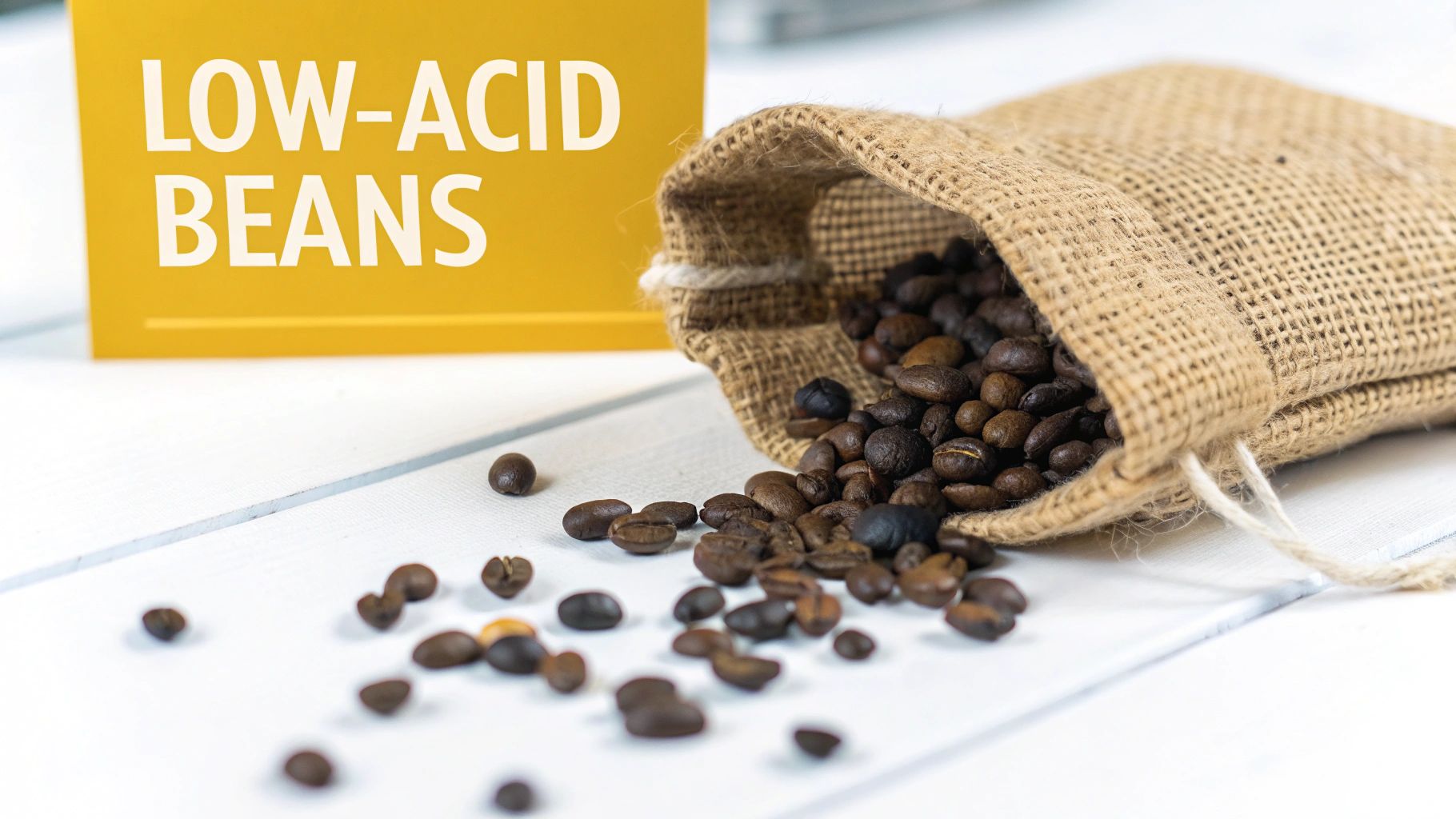 Close-up of roasted low-acid coffee beans spilling from a burlap sack onto a white wooden surface.