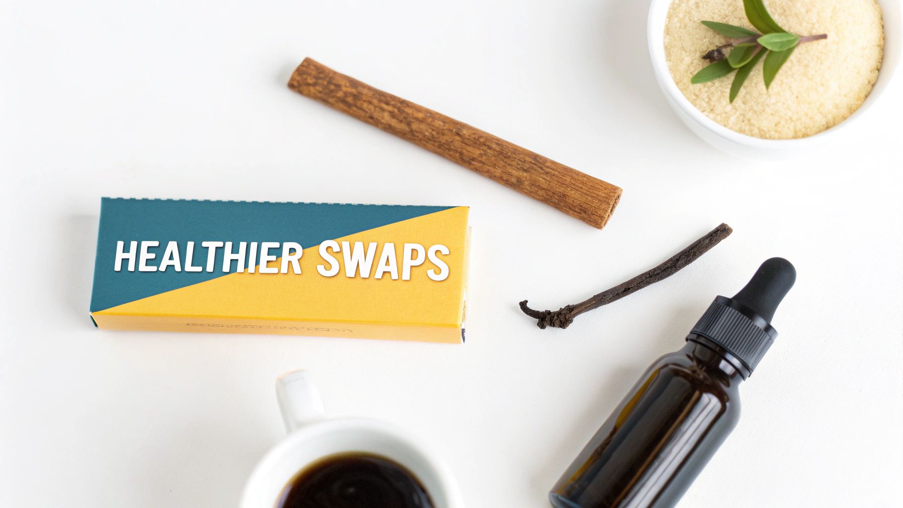 A healthy cup of coffee with cinnamon sticks and a small pitcher of almond milk.