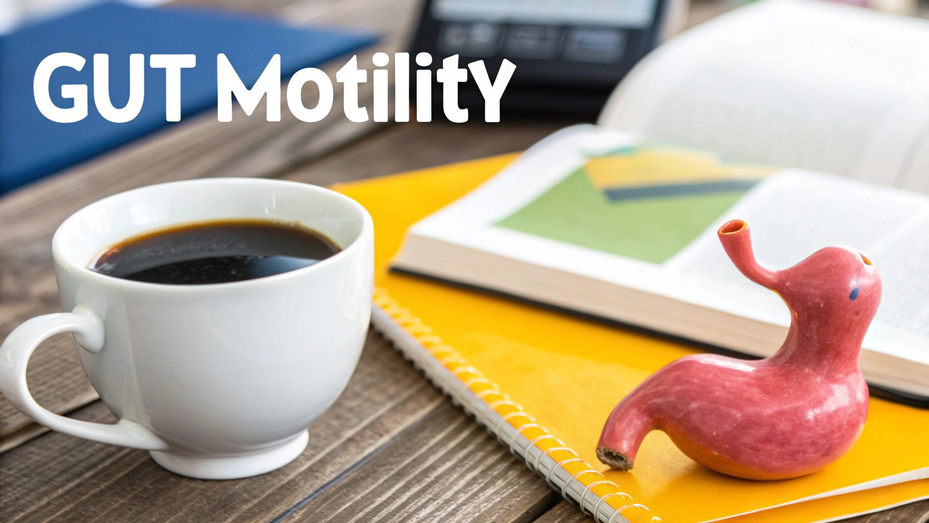 Gut motility concept with coffee cup, notebook, and pink stomach model on desk