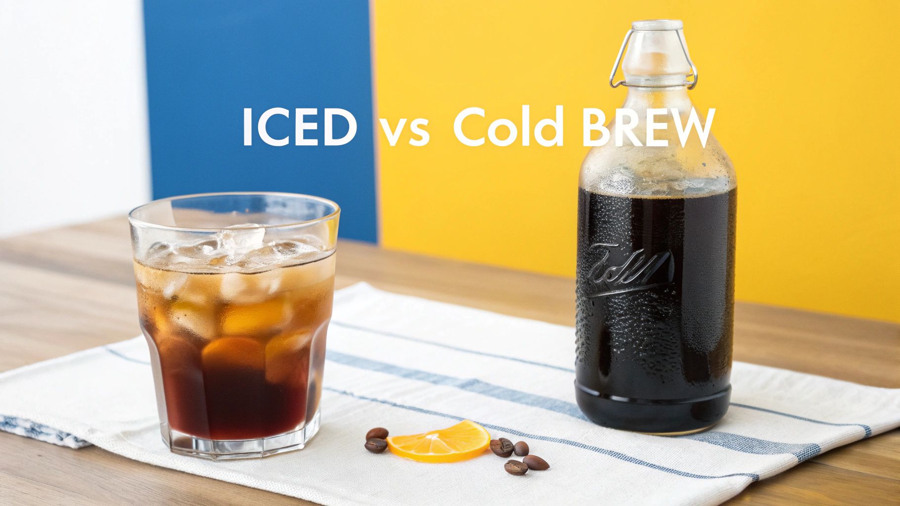 Glass of iced coffee and a bottle of cold brew on a table with coffee beans and an orange slice.