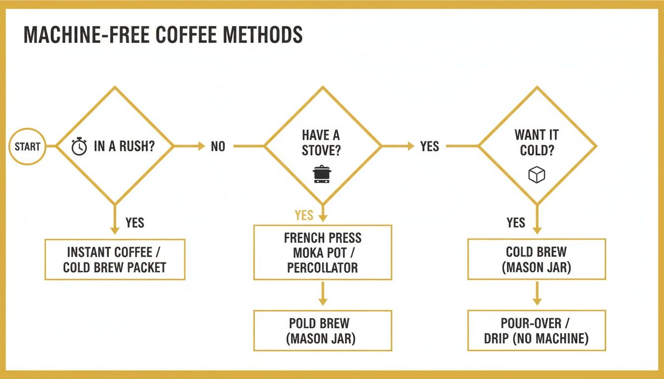 A flowchart detailing various machine-free coffee brewing methods based on time and equipment availability.