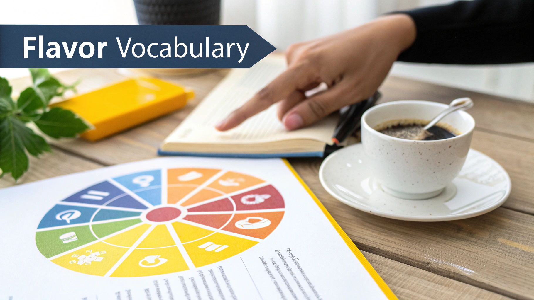A person studying coffee flavor vocabulary using a book, a flavor wheel chart, and a cup of coffee.