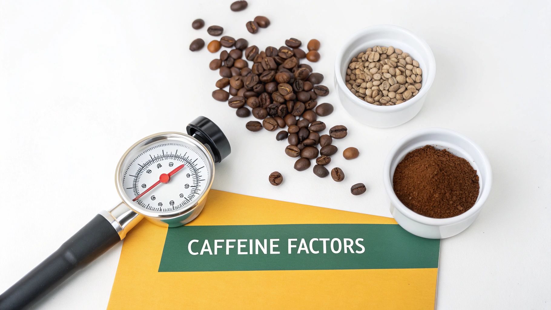 Roasted and green coffee beans, ground coffee, and a pressure gauge near a 'Caffeine Factors' card.
