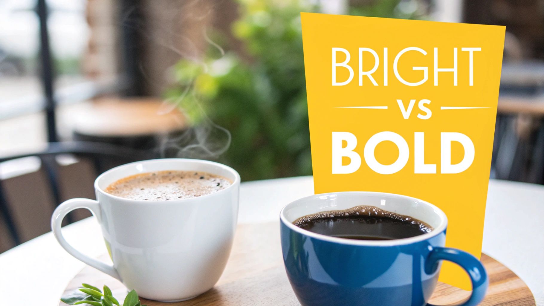 Two coffee mugs, one white and one blue, with hot coffee and a 'BRIGHT VS BOLD' banner.