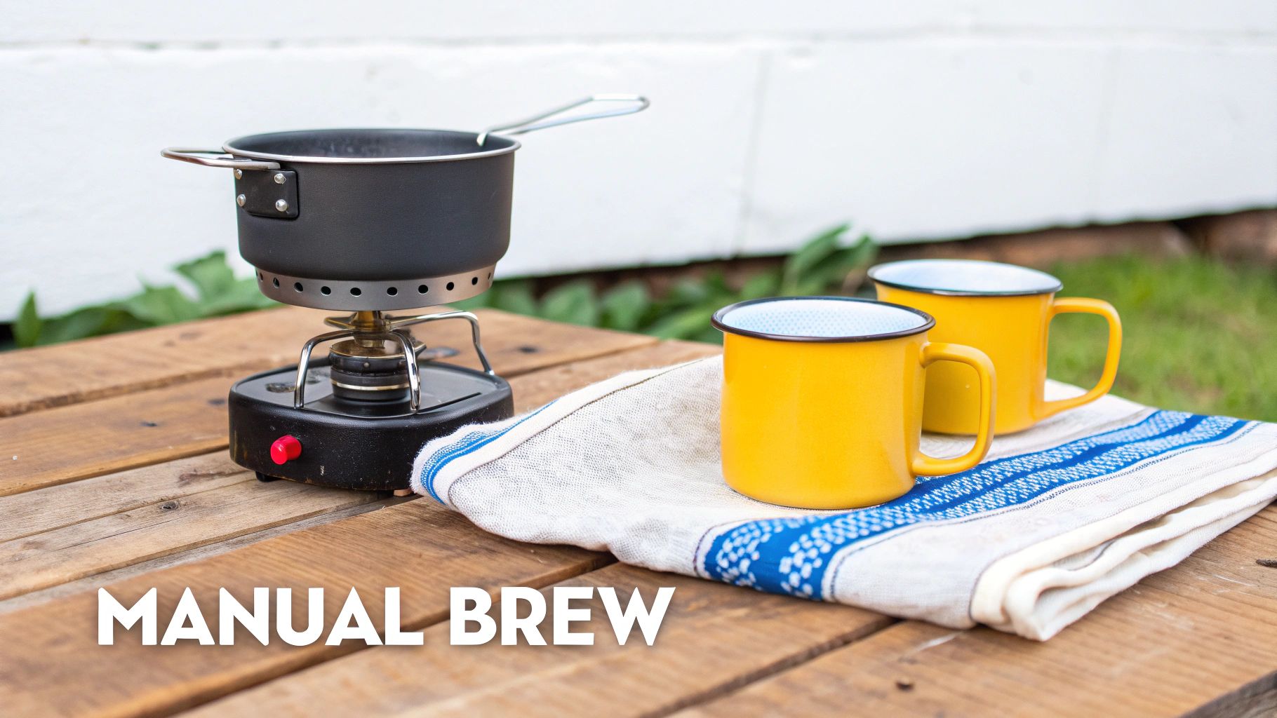 A black camping stove with a pot, two yellow enamel mugs, and a striped cloth on a wooden table, suggesting manual coffee brewing outdoors.