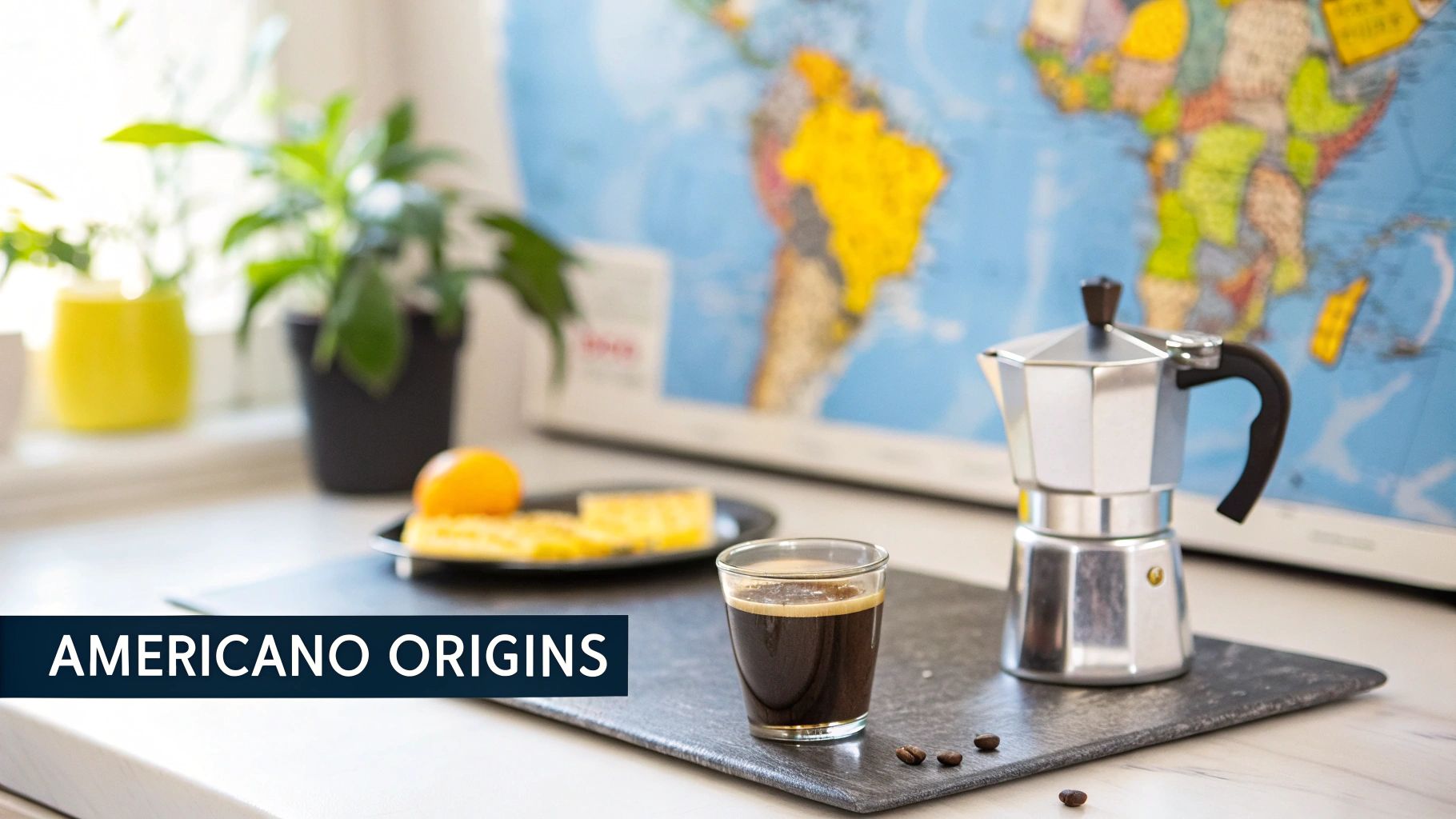 A Moka pot, a shot of espresso, and coffee beans on a tray with a world map background.
