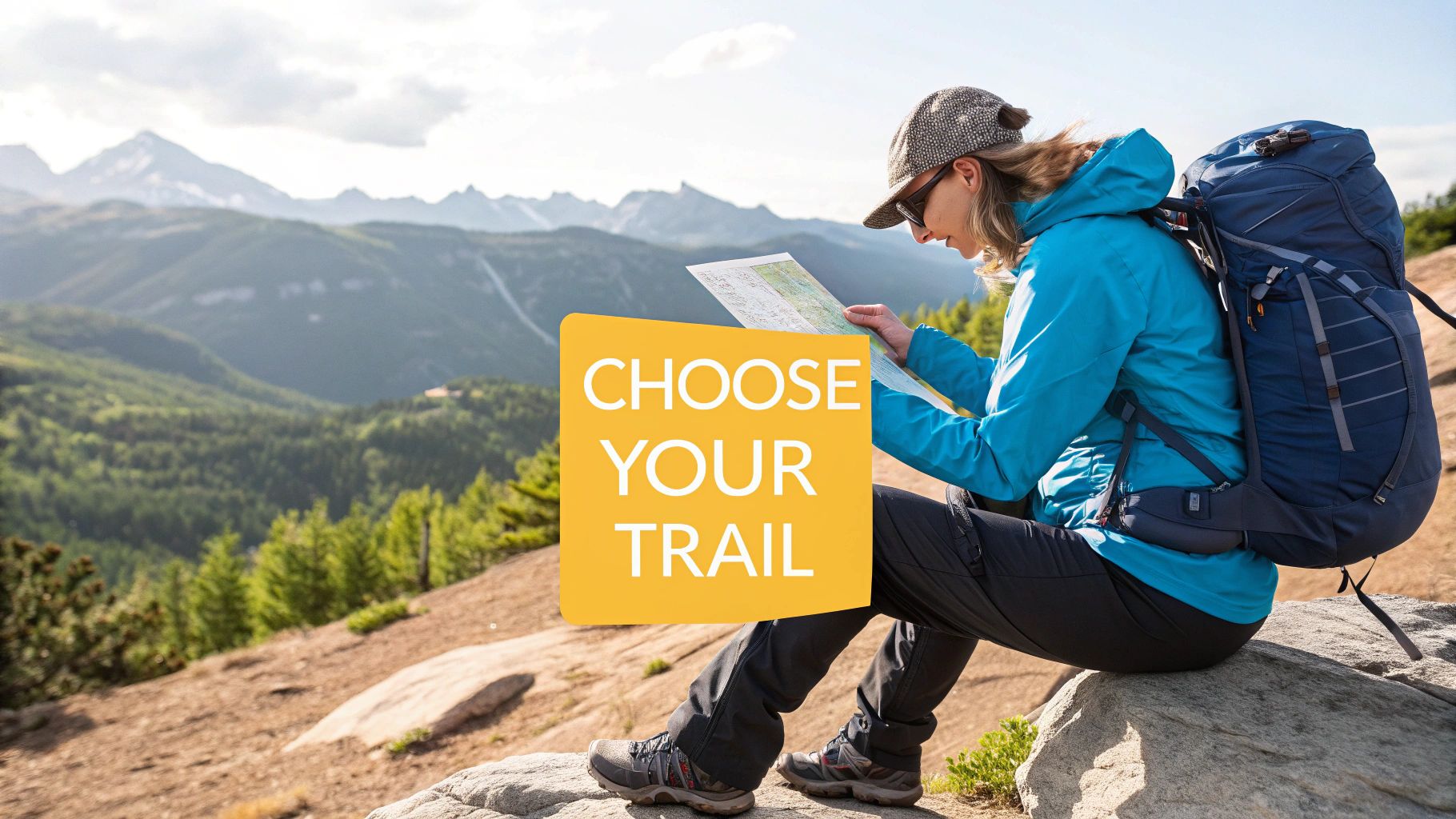 A hiker with a backpack sits on a rock, studying a map in a scenic mountain landscape.