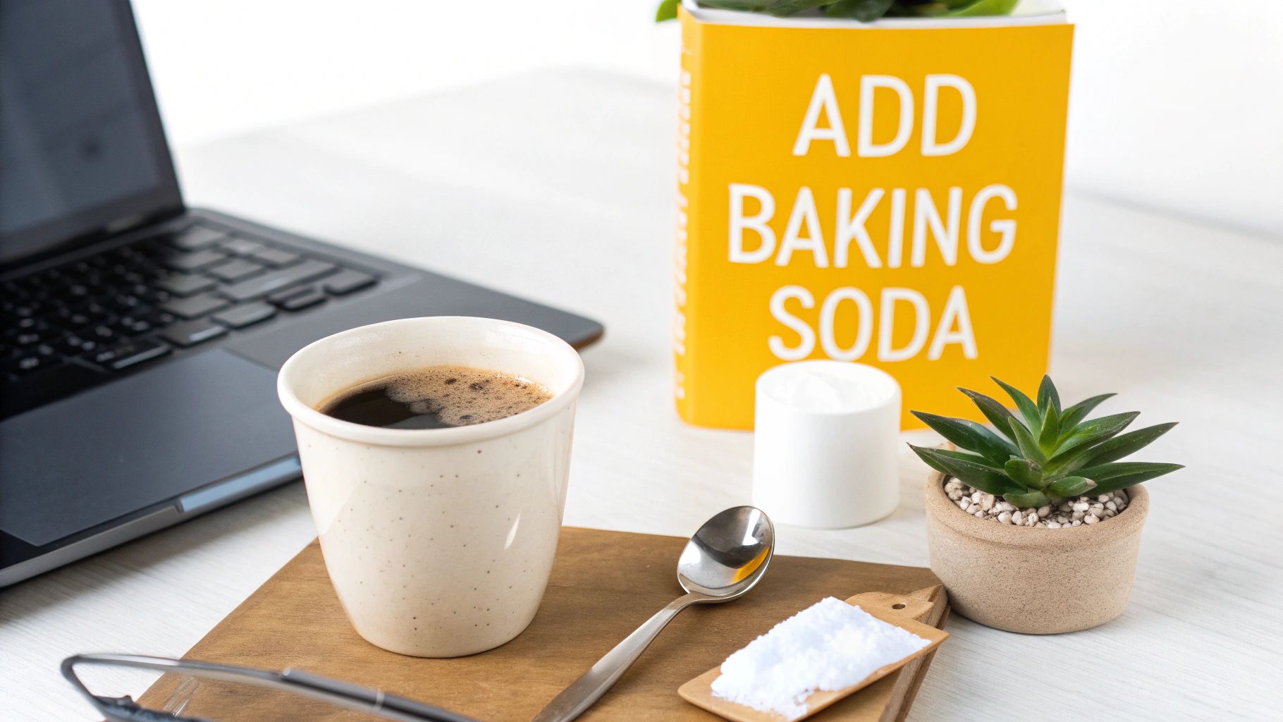 A cup of coffee, laptop, baking soda, and a plant on a desk, suggesting coffee preparation.