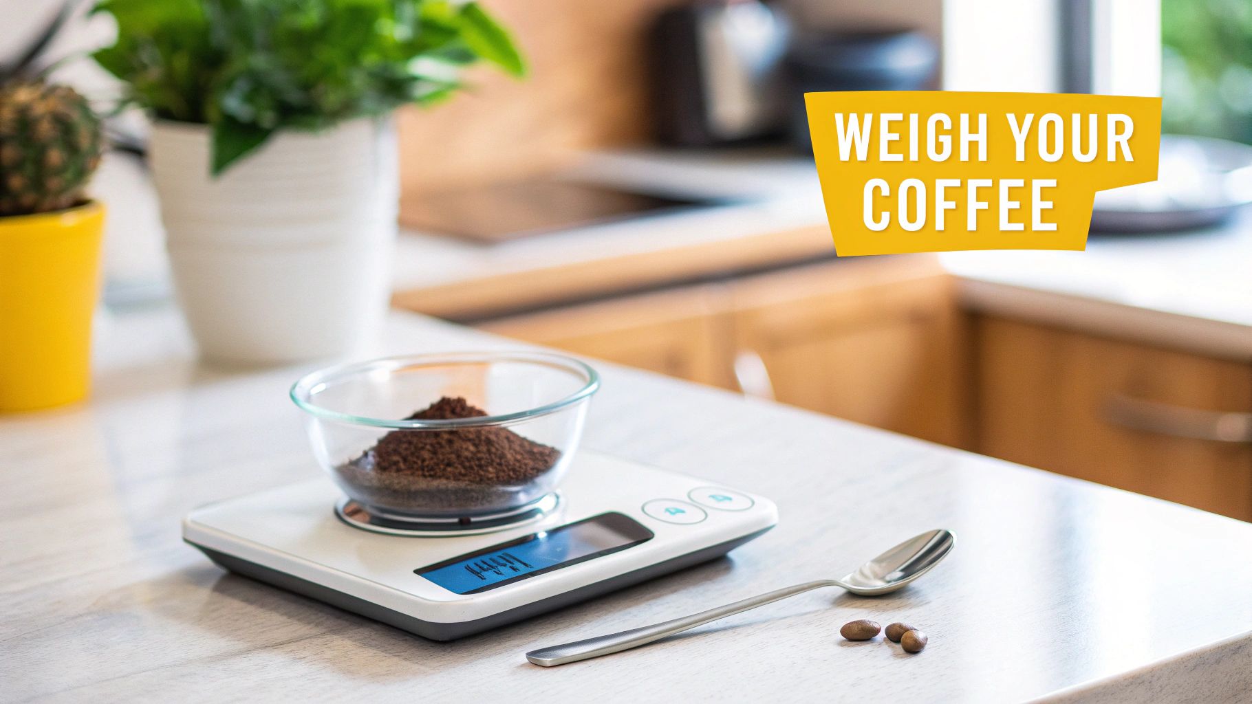 Ground coffee in a glass bowl on a digital kitchen scale, with a spoon and coffee beans.