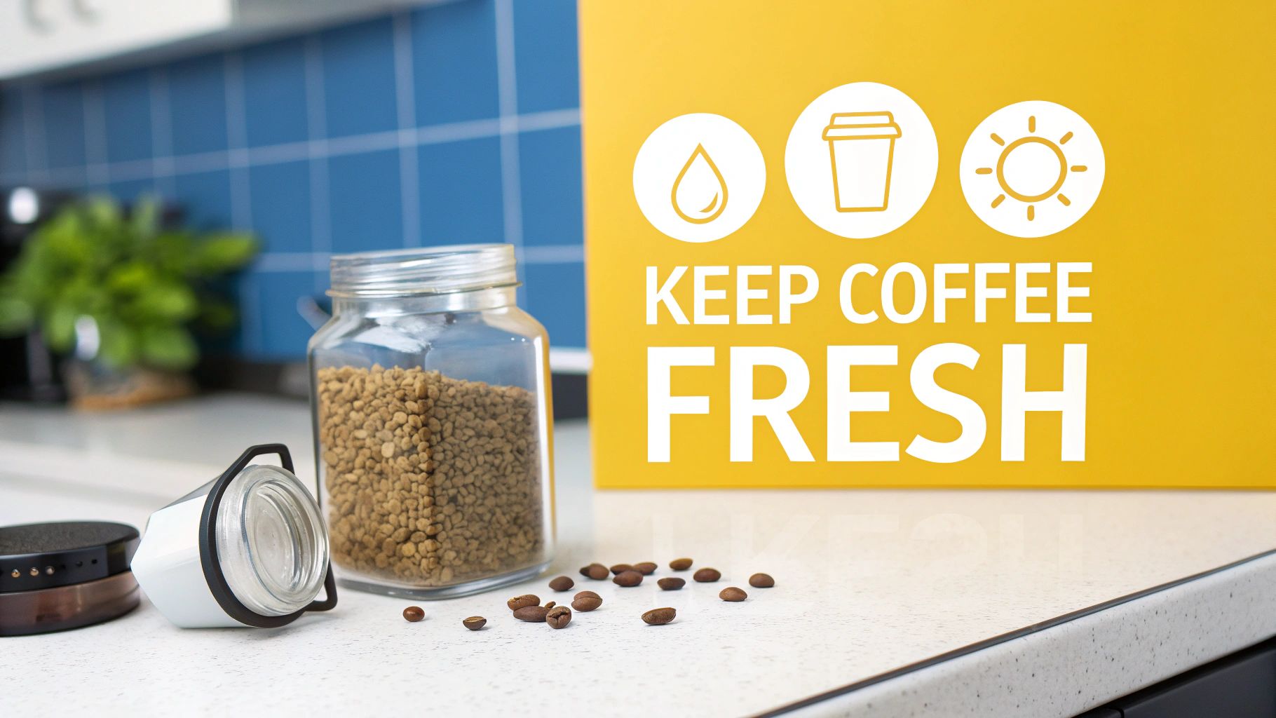 Glass jar filled with coffee beans on kitchen counter with yellow sign about keeping coffee fresh