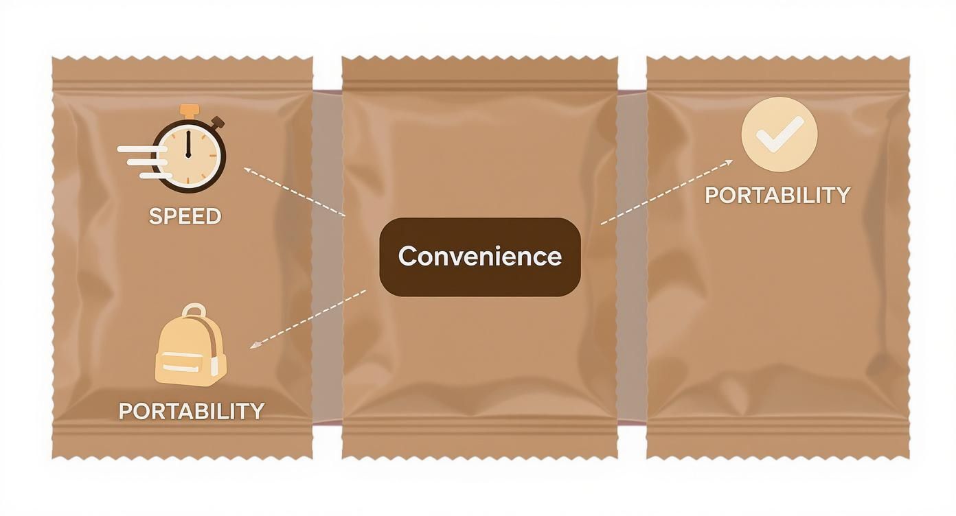 Three brown coffee packets displaying convenience benefits including speed, portability icons and checkmark illustration