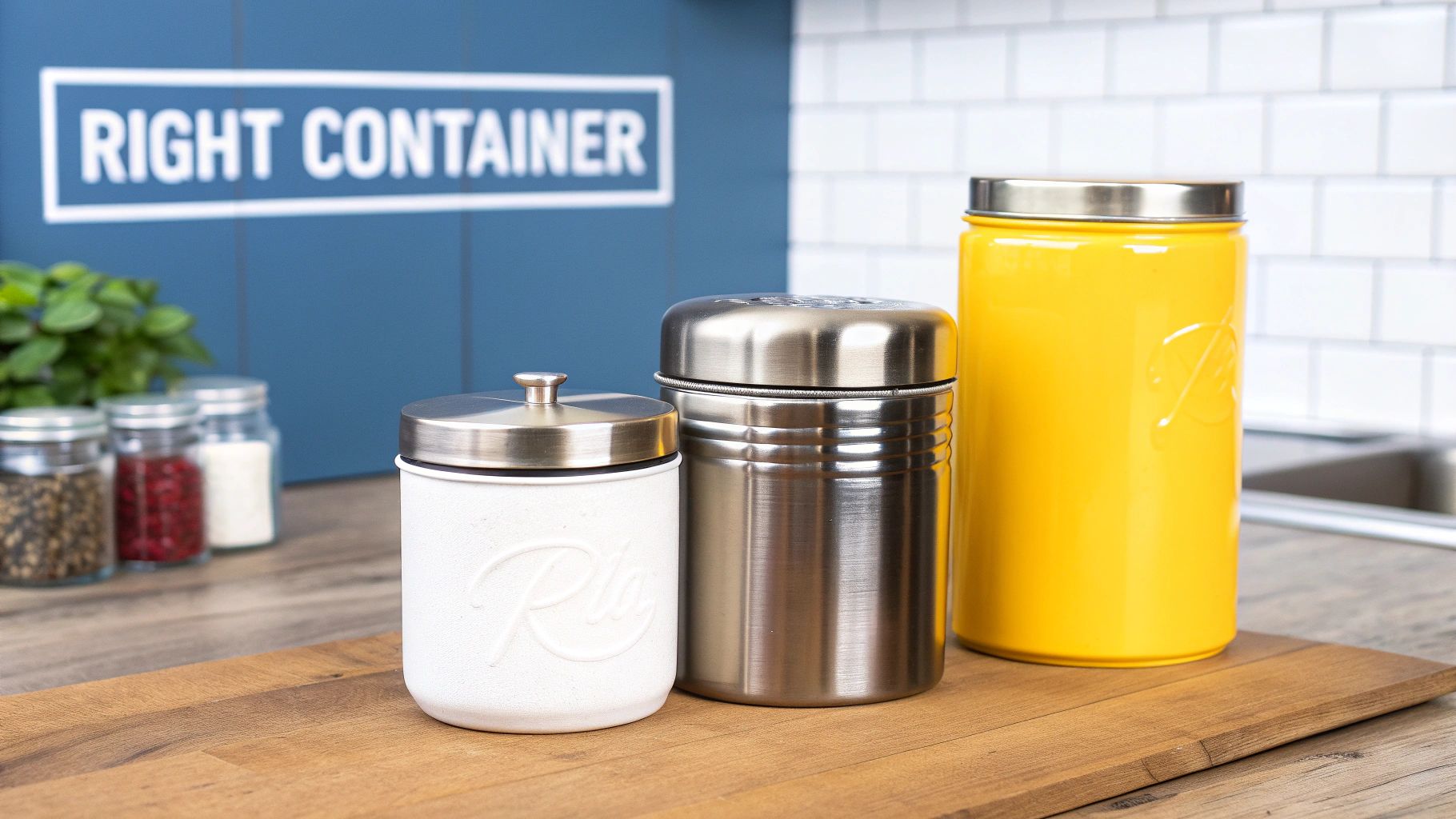 Close-up of three different coffee storage containers on a wooden surface