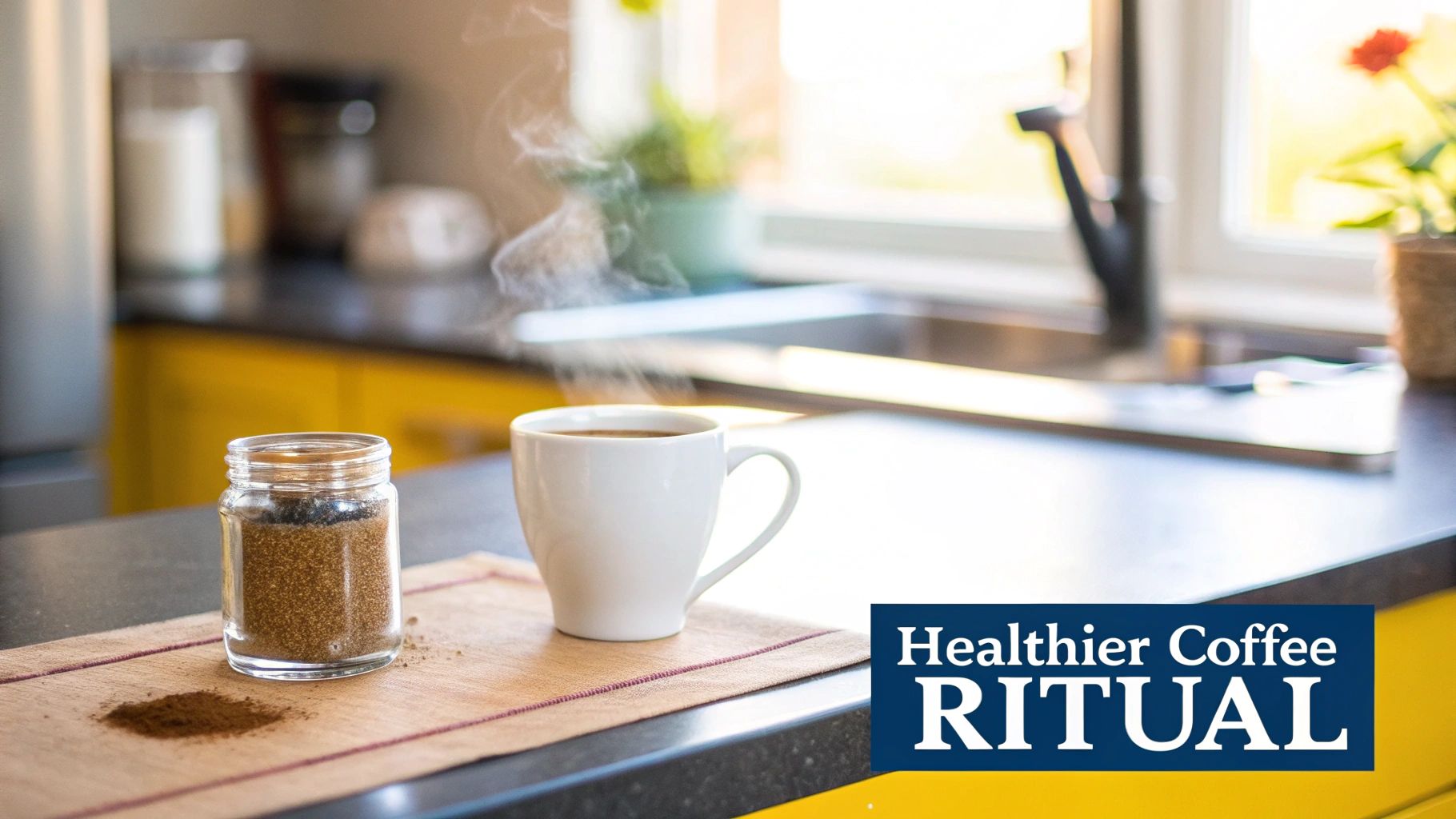 A steaming cup of coffee and a jar of brown sugar on a kitchen counter, suggesting a healthier coffee ritual.
