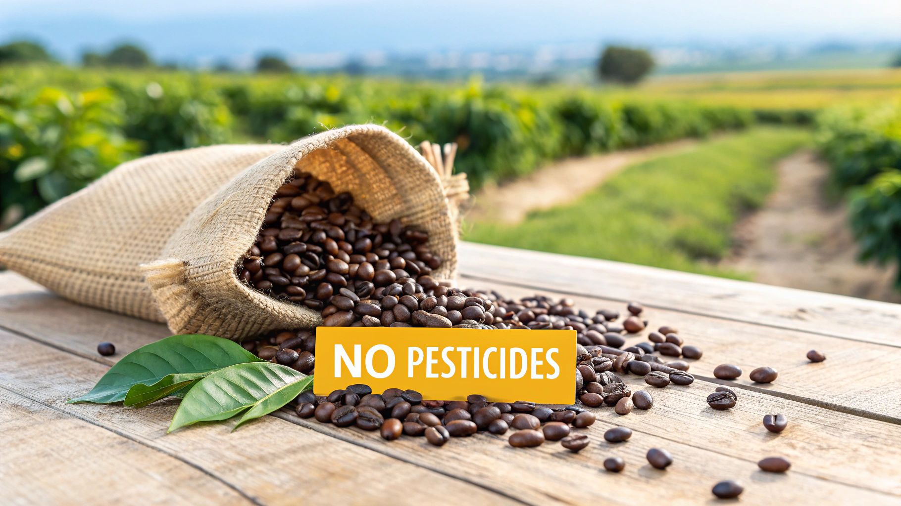 Close up of freshly roasted organic coffee beans in a burlap sack.