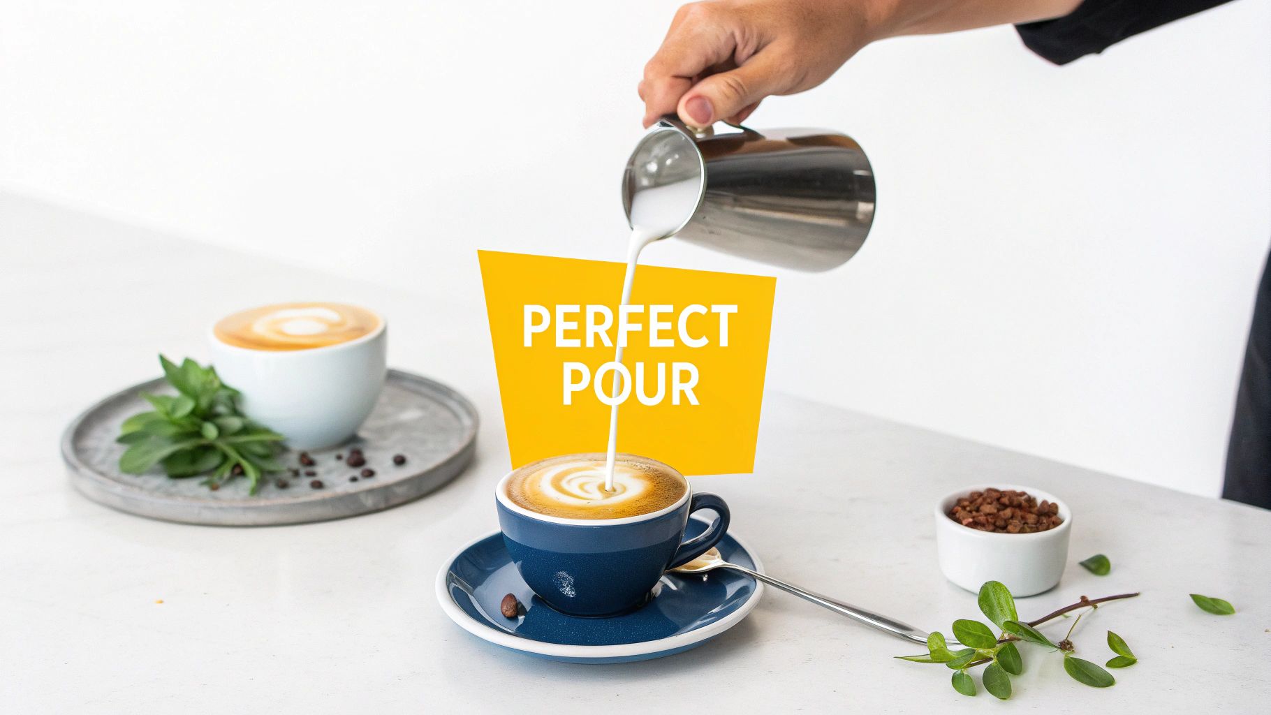 A hand skillfully pours milk from a stainless steel pitcher into a blue coffee cup, creating latte art, with 'PERFECT POUR' text.