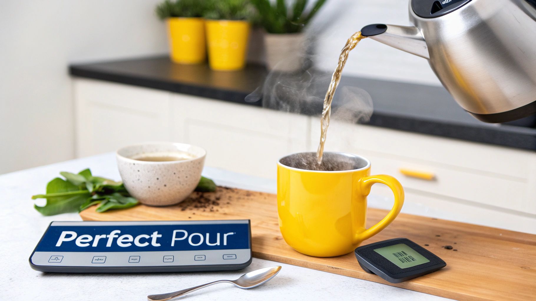 A person measuring instant coffee granules into a mug with a kettle nearby.