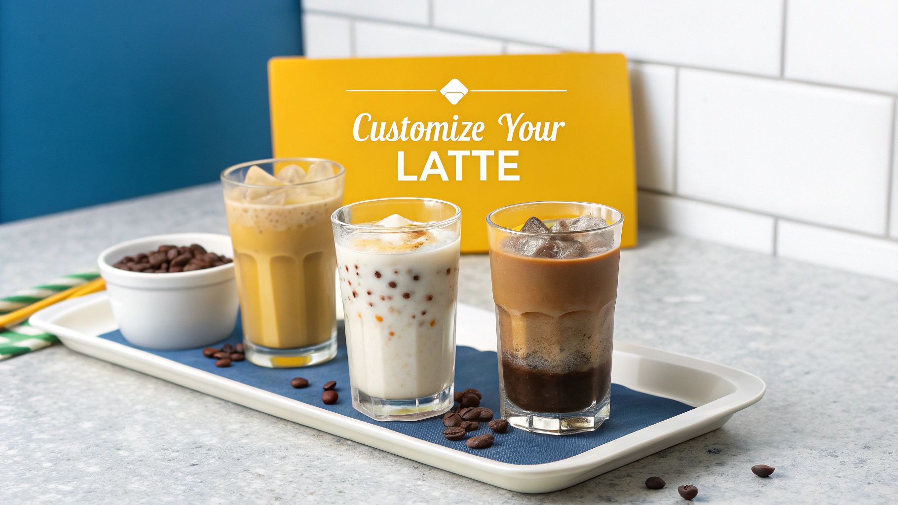 Three custom iced lattes on a tray with coffee beans, emphasizing customization options.