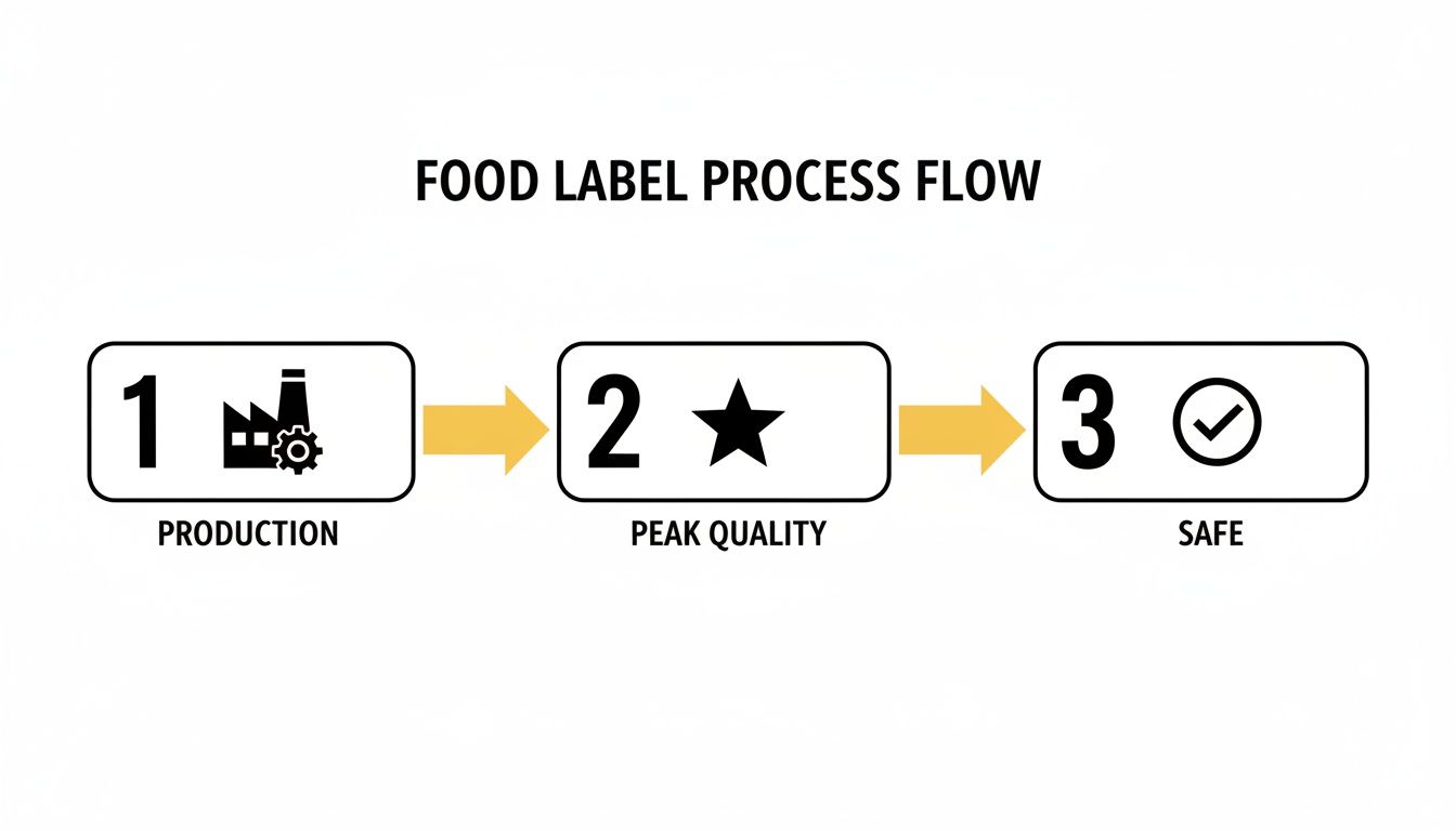 A diagram showing the food label process flow with steps for production, peak quality, and safety.