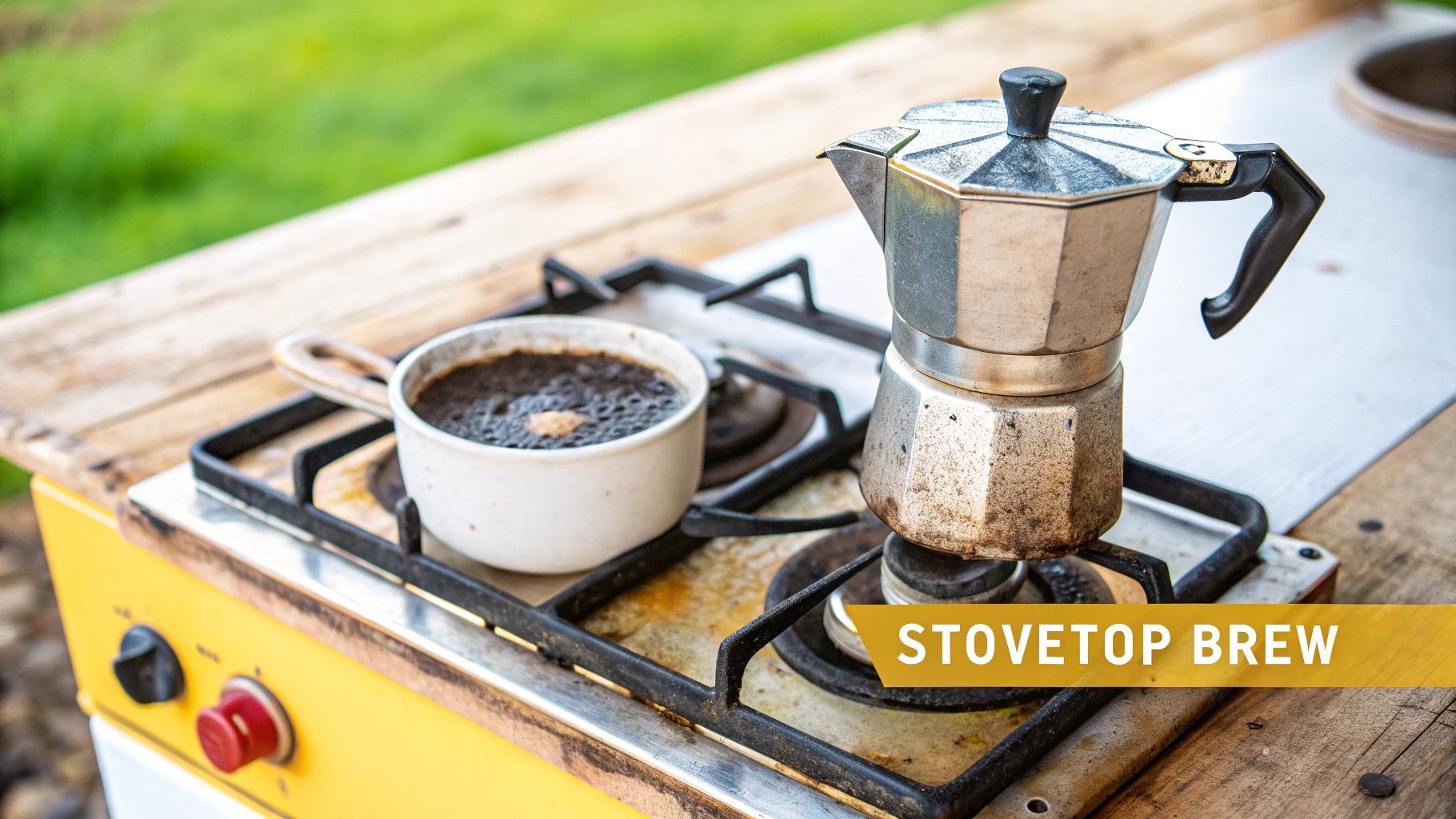 A pot of coffee brewing on a stovetop with grounds visible.