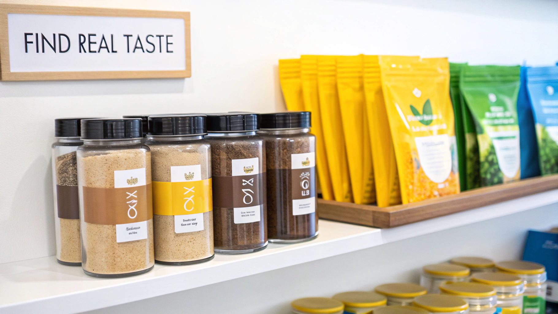 Colorful spice jars and product packages displayed on white shelf with find real taste sign