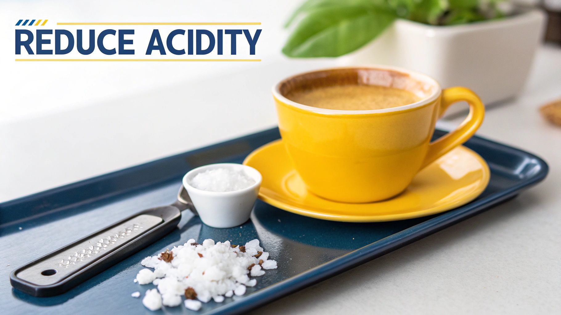 A yellow cup of coffee, a pile of salt, and a grater on a blue tray, suggesting reduced acidity.