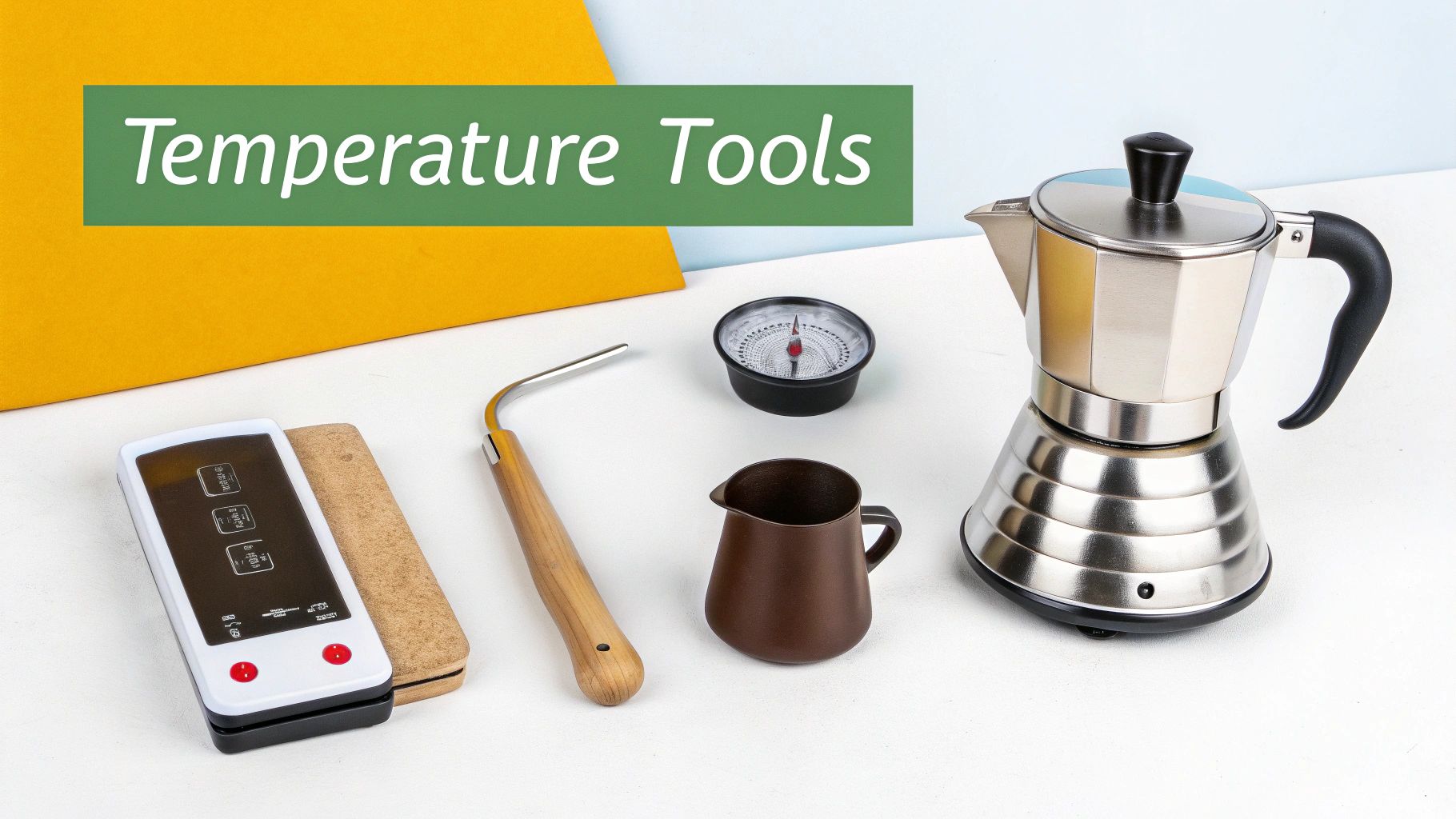 Various coffee temperature tools: digital scale, dial thermometer, pitcher, and electric moka pot.