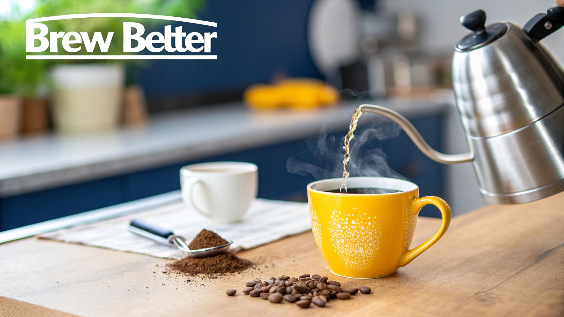 A gooseneck kettle pours hot water into a yellow mug, with coffee beans and ground coffee nearby.