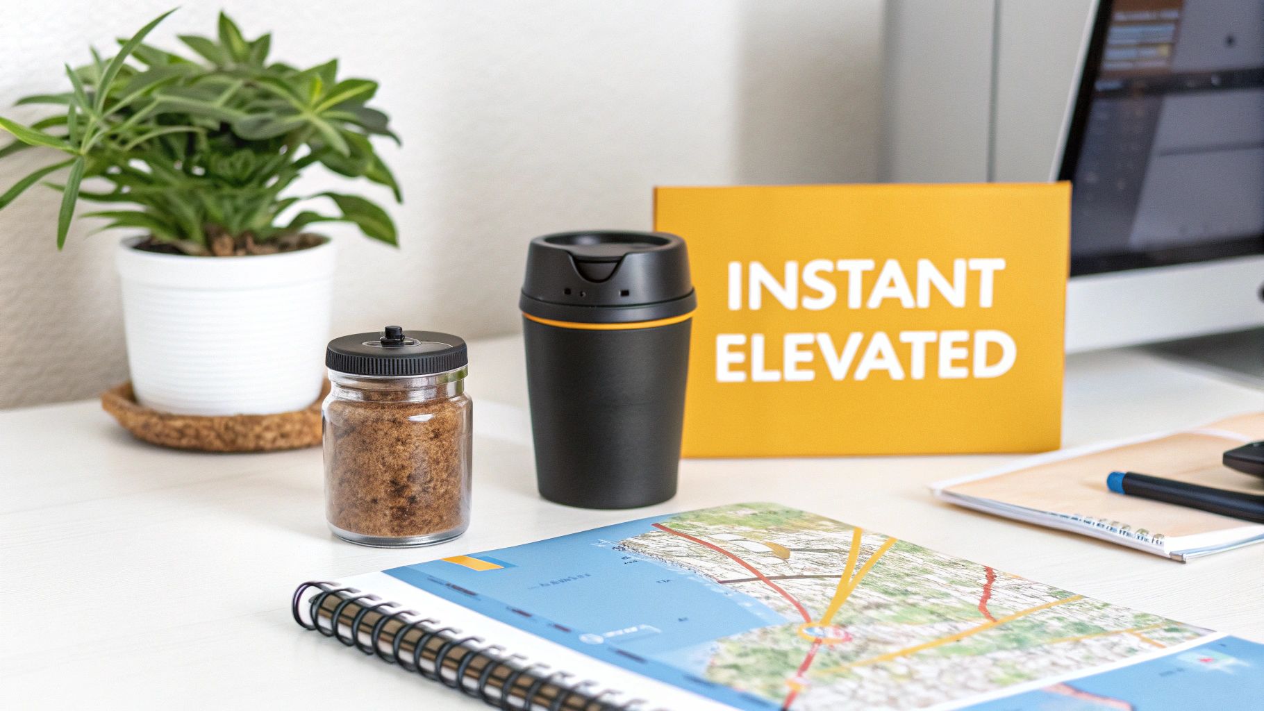Desk with instant coffee grounds jar, black travel mug, plant, and map for a productive work environment.