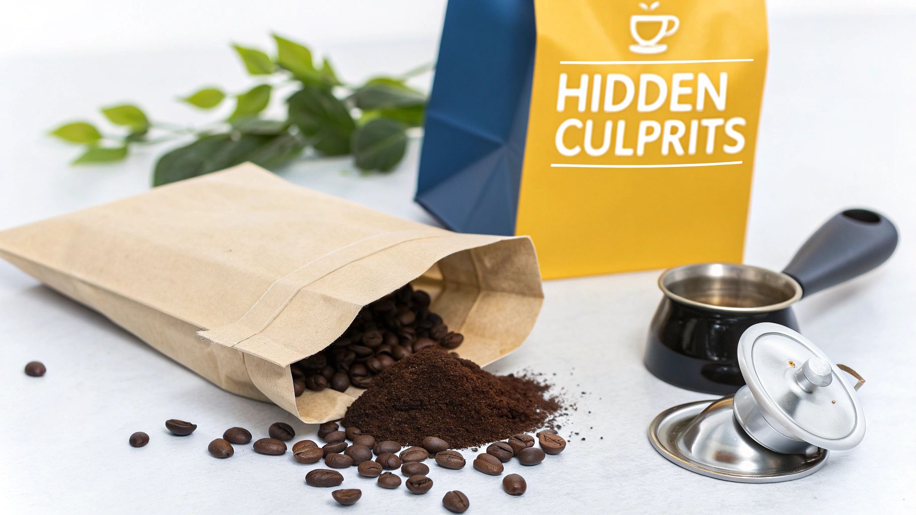Spilled coffee beans and ground coffee from a brown bag, with a 'Hidden Culprits' coffee bag and pot.