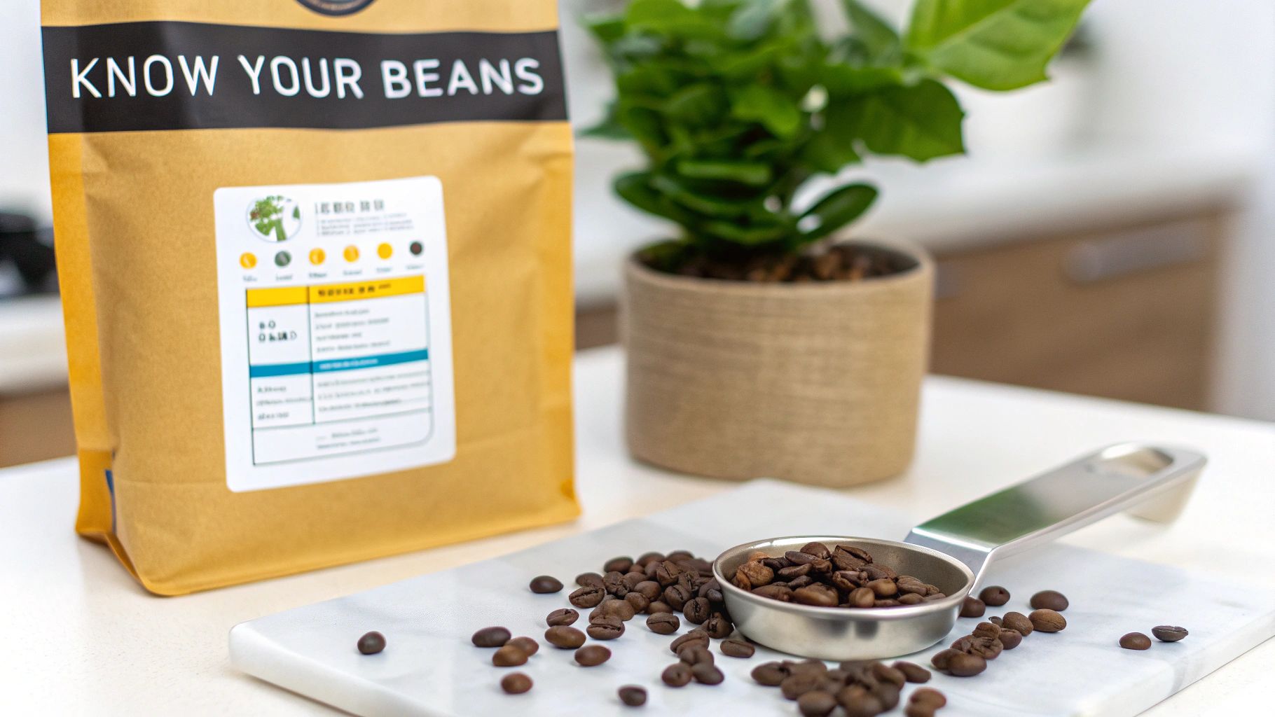 A hand holding a bag of specialty coffee, showing details like origin and tasting notes.