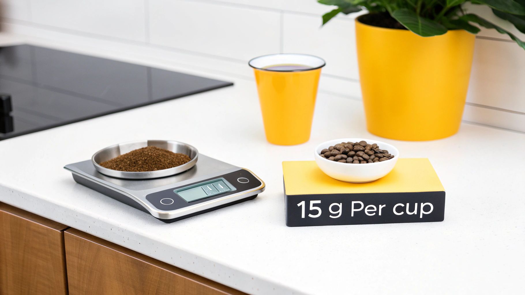 Coffee beans and ground coffee on a digital scale with a sign indicating 15 grams per cup, for precise brewing.