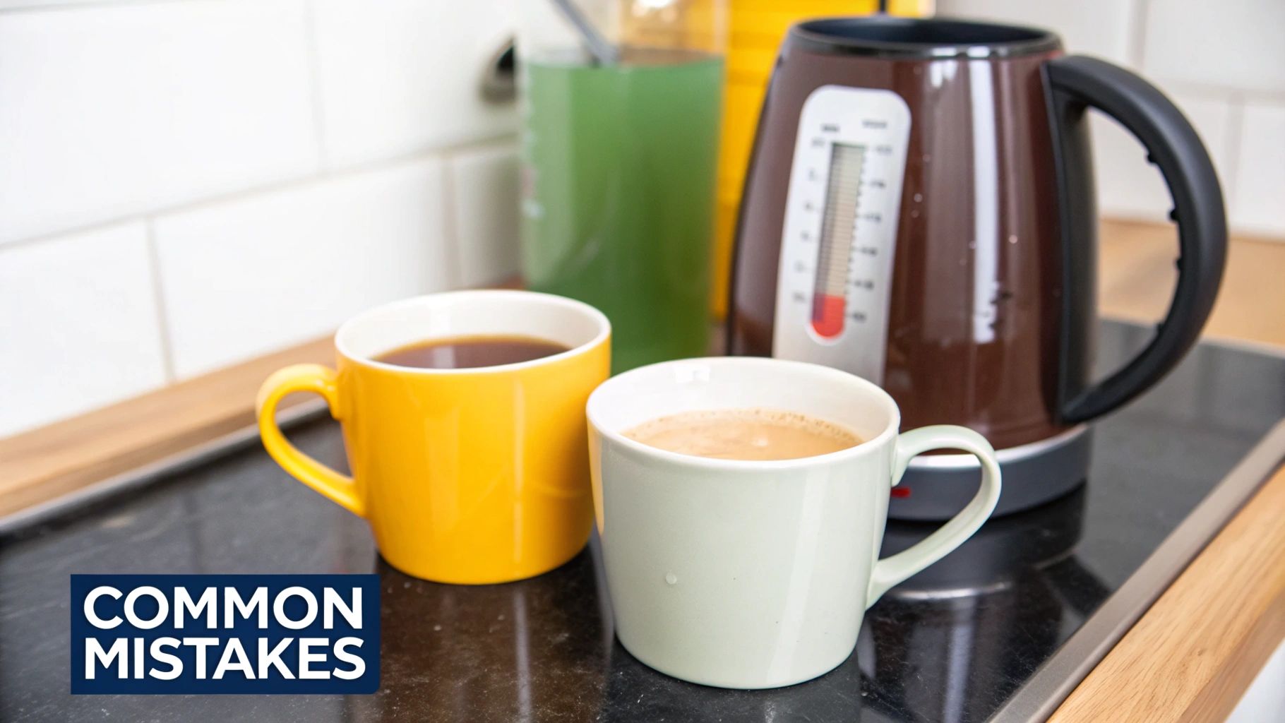 Two mugs of coffee, one black and one with milk, next to an electric kettle.