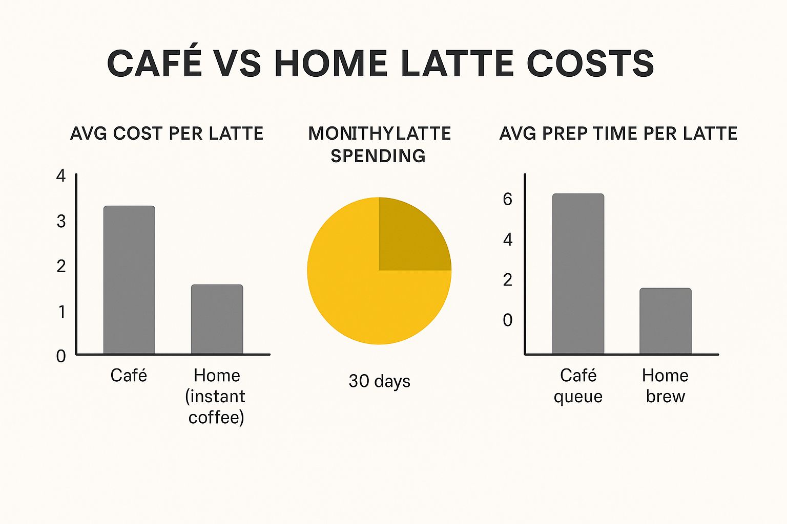 Infographic comparing the cost, time, and monthly spending of a cafe latte versus a homemade instant coffee latte.