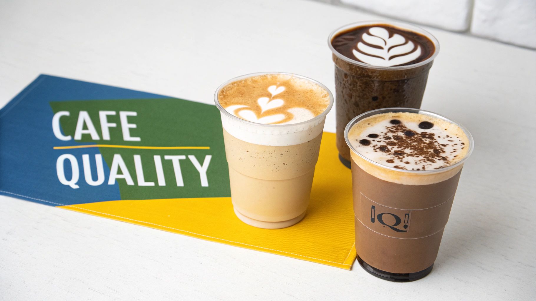Three distinct coffee drinks with latte art and toppings on a 'CAFE QUALITY' branded placemat.