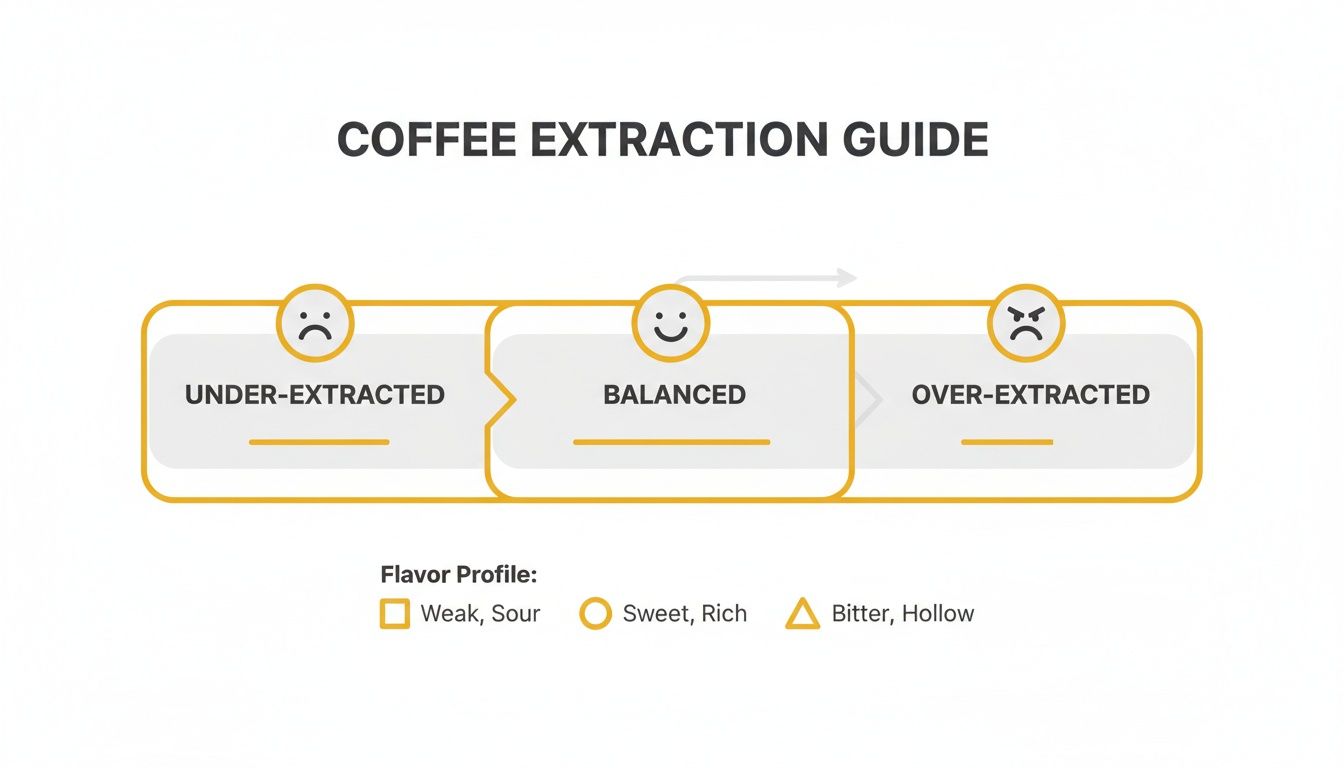 A coffee extraction guide illustrating under-extracted, balanced, and over-extracted coffee flavors.