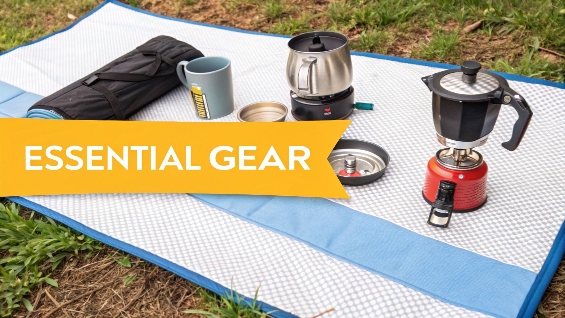 A complete camping coffee kit laid out on a wooden surface, including a stove, mug, and AeroPress.