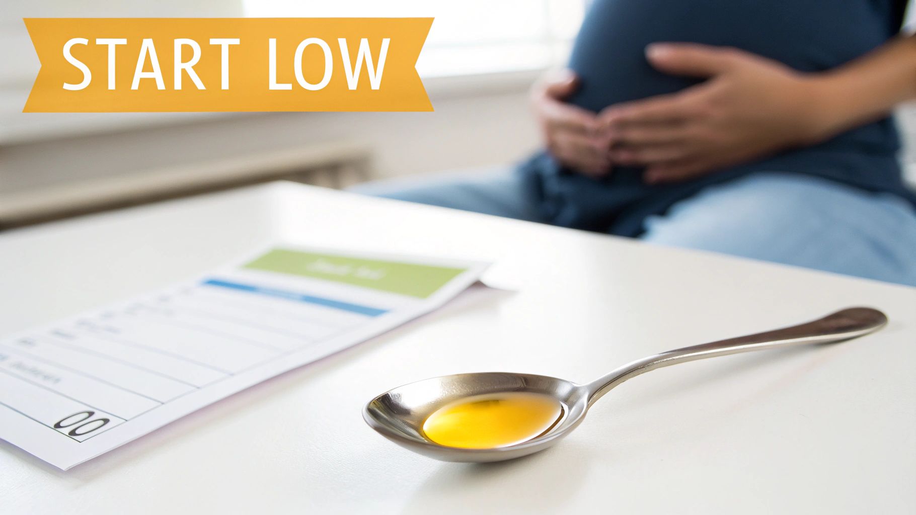 A spoon holds yellow liquid next to medical forms on a table, with a pregnant person and 'START LOW' banner.