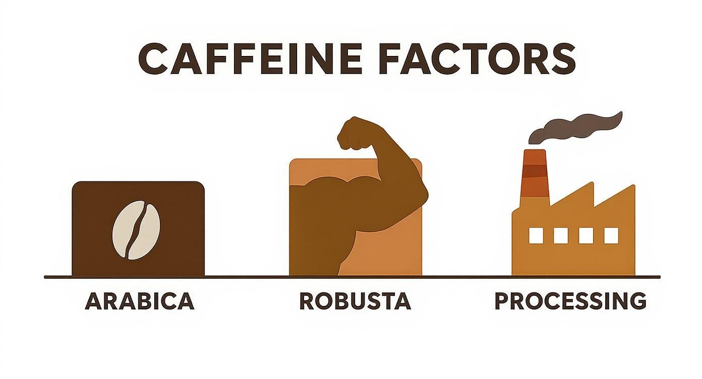 An infographic illustrating caffeine factors including Arabica, Robusta, and coffee processing methods.