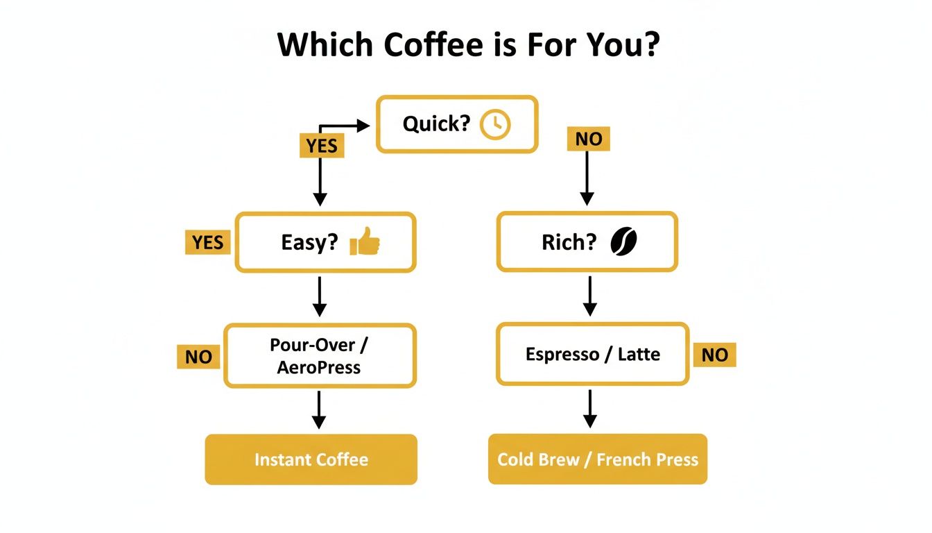Flowchart guiding users to choose a coffee type based on quickness, ease, and richness preferences.