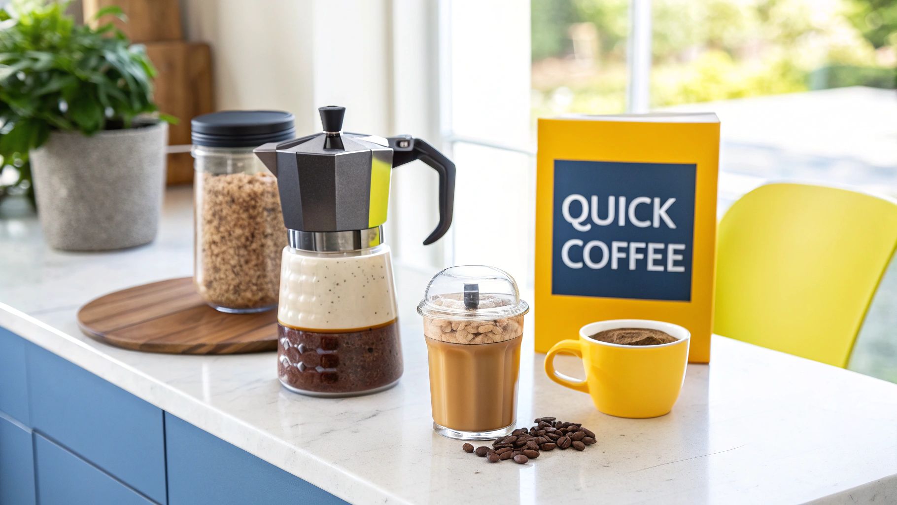 A home coffee station featuring a moka pot, iced coffee, a mug, and beans on a kitchen counter.