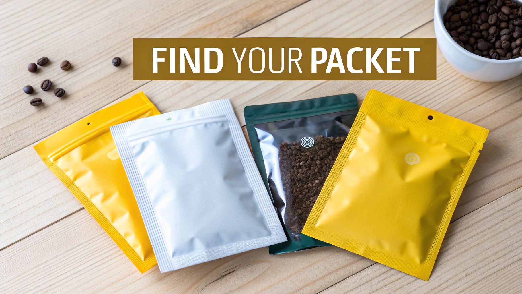 Four colorful coffee packets on a wooden table with coffee beans and 'FIND YOUR PACKET' text.