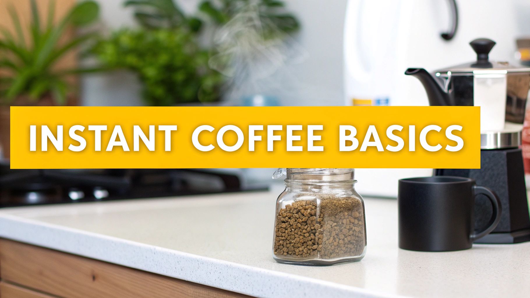 Instant coffee jar, black mug, and Moka pot on a kitchen counter with 'INSTANT COFFEE BASICS' text.