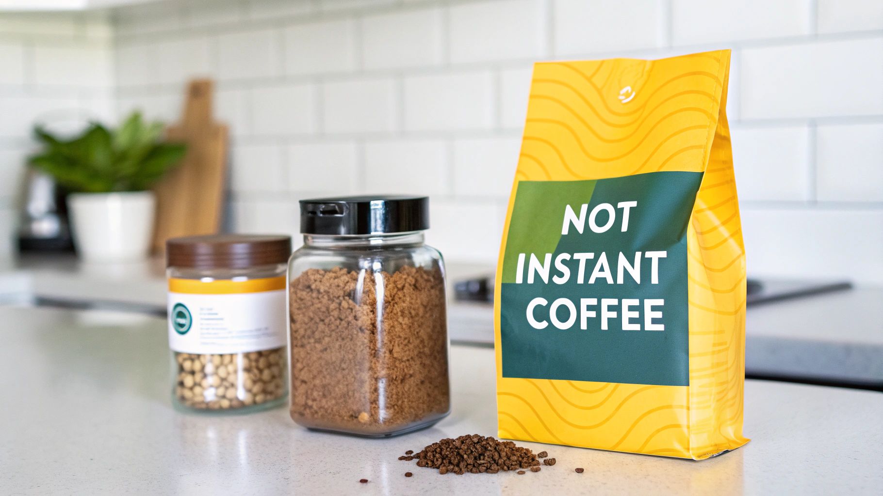 Two cups of coffee, one made with ground coffee and the other with instant, side by side on a wooden table.