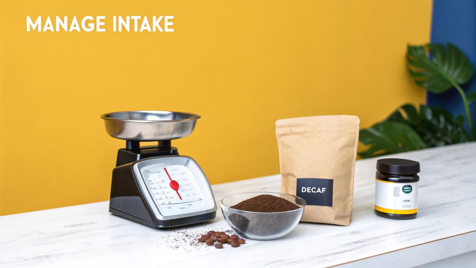 A kitchen scale, decaf coffee, and ground coffee demonstrating how to manage intake.