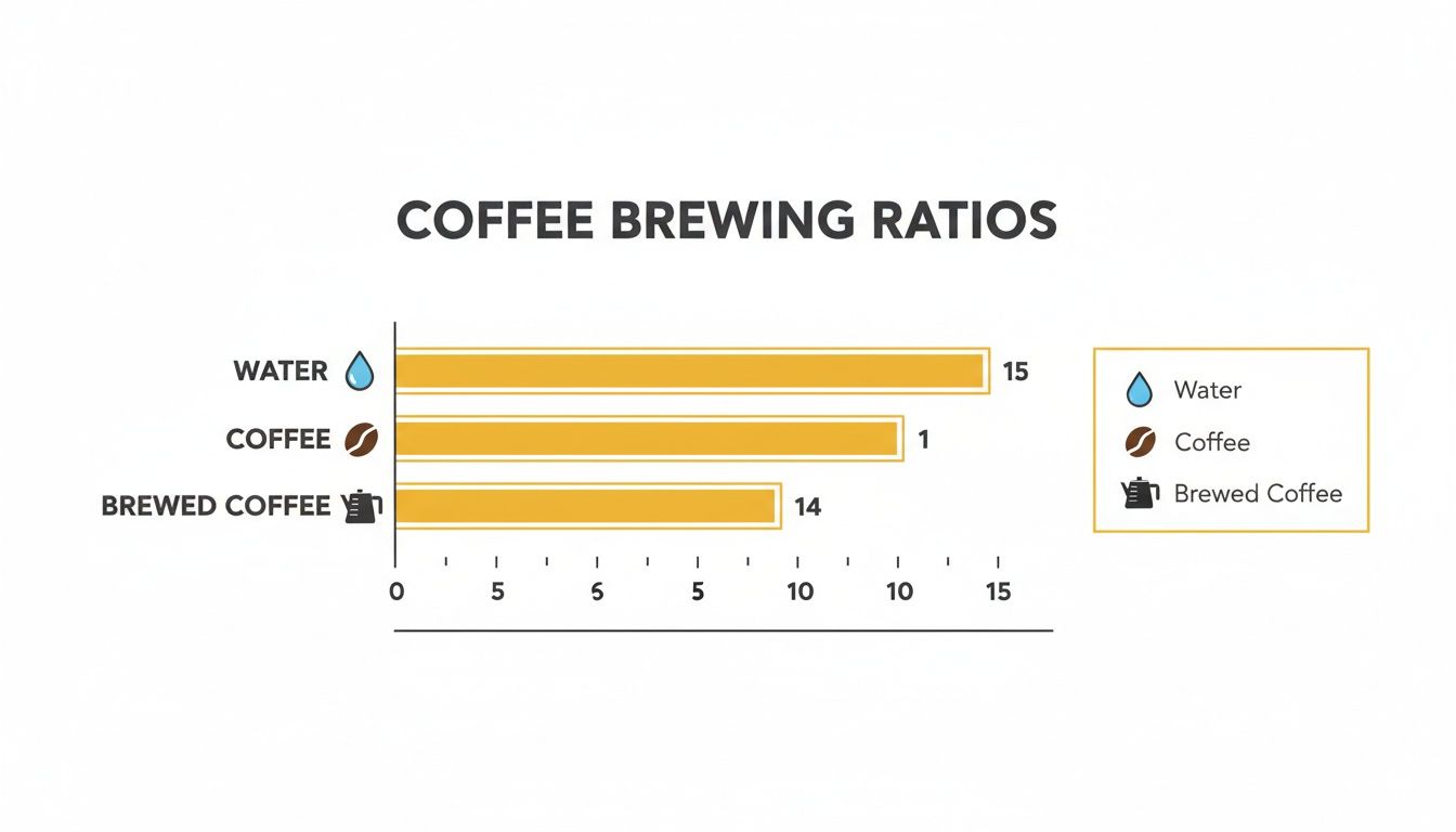 A horizontal bar chart illustrates coffee brewing ratios: 15 parts water to 1 part coffee, yielding 14 parts brewed coffee.