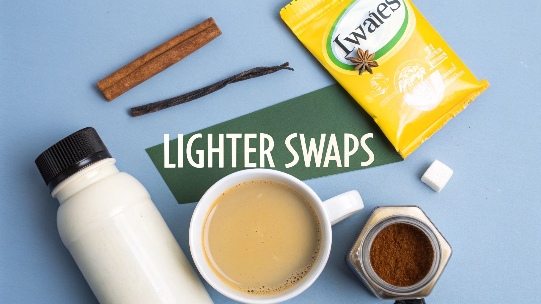A flat lay shows coffee, milk, ground coffee, instant coffee, cinnamon, vanilla, and sugar cube with text “LIGHTER SWAPS”.