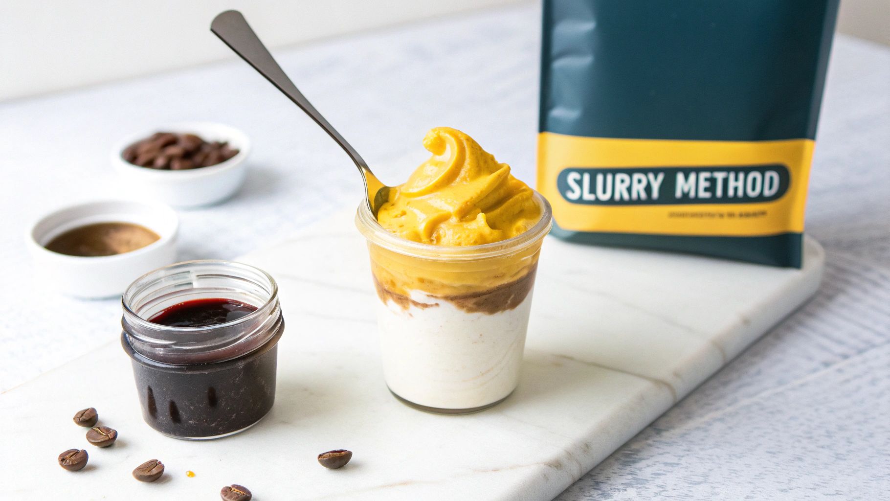 A person whipping coffee and sugar into a paste in a glass mug.